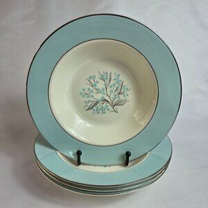 FOUR Sevron Blue Lace Salad Plates Floral Center Aqua Blue Border